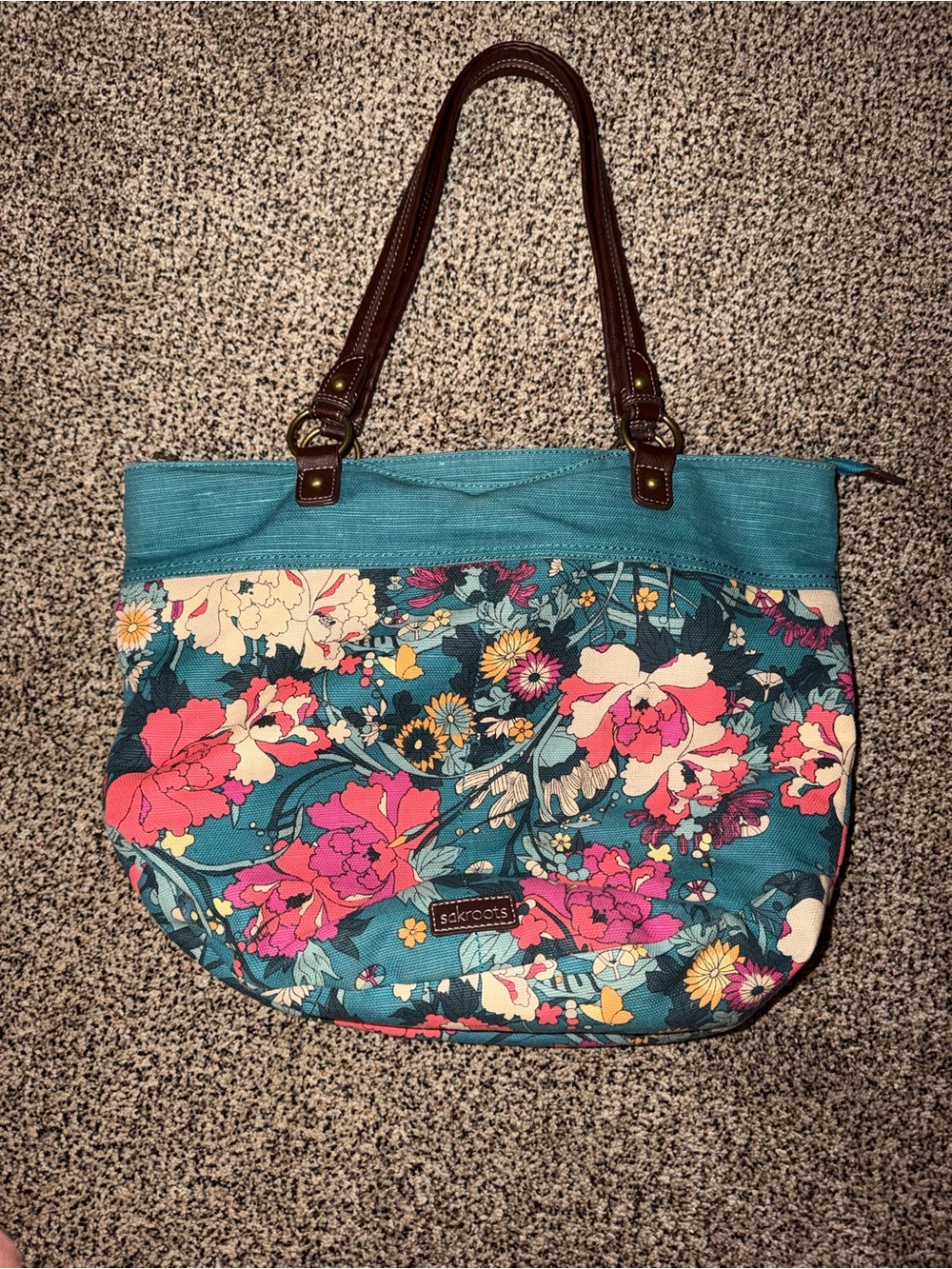 Sakroots Teal Floral Tote Purse with Brown Handles